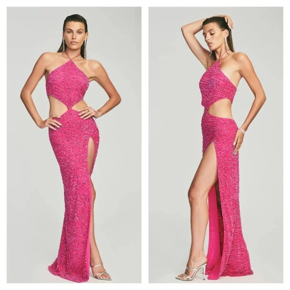 Retrofête Hot Pink Beaded Cutout Maxi Dress